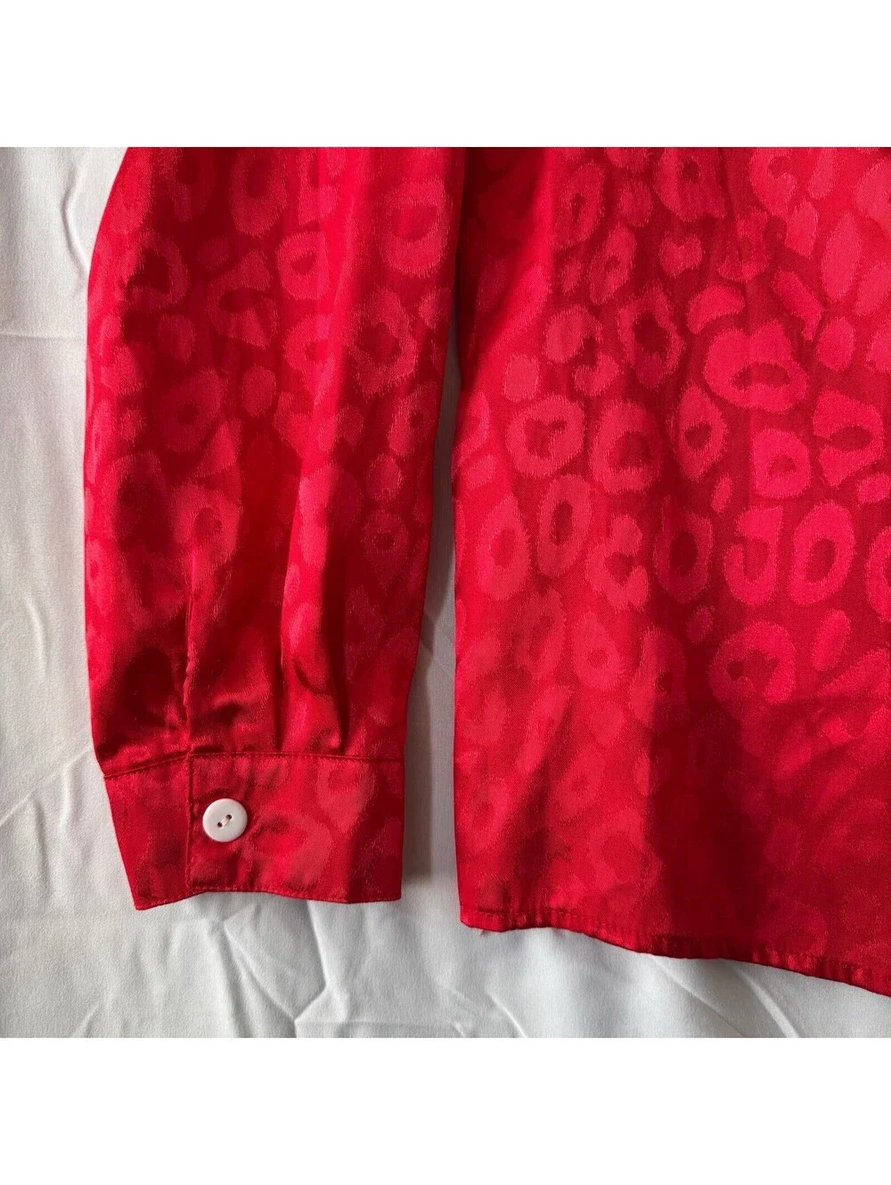 Pajama Top M Red Leopard Jacquard Satin Button Up Blouse Shirt